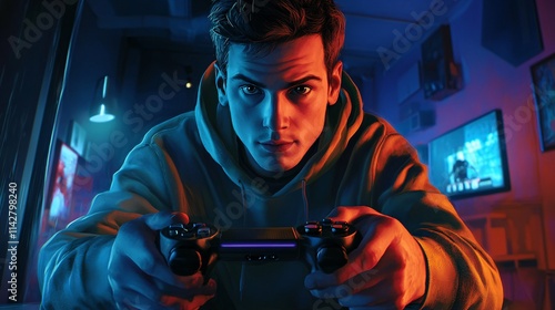 Young Caucasian male gamer intensely focused on playing video games in a dimly lit room, vibrant blue and orange lighting enhances the mood.