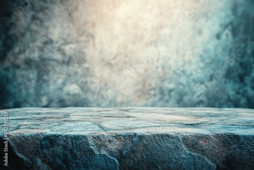 Empty stone table with blurturquoise soft light factory business background. product display template photo