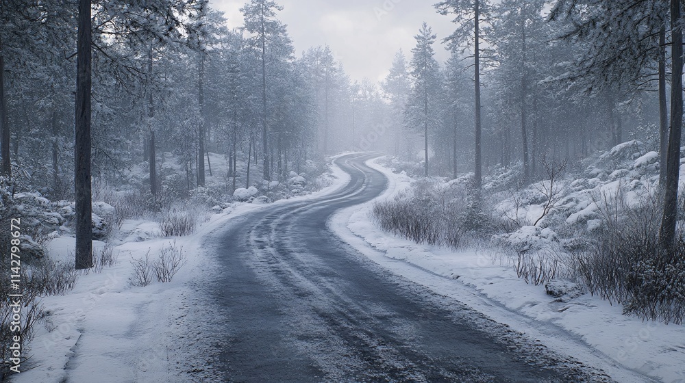 A winding road through a serene winter forest, surrounded by snow-covered trees and a misty atmosphere. A winding road through a serene winter forest, surrounded by snow-covered trees and a misty atmosphere.