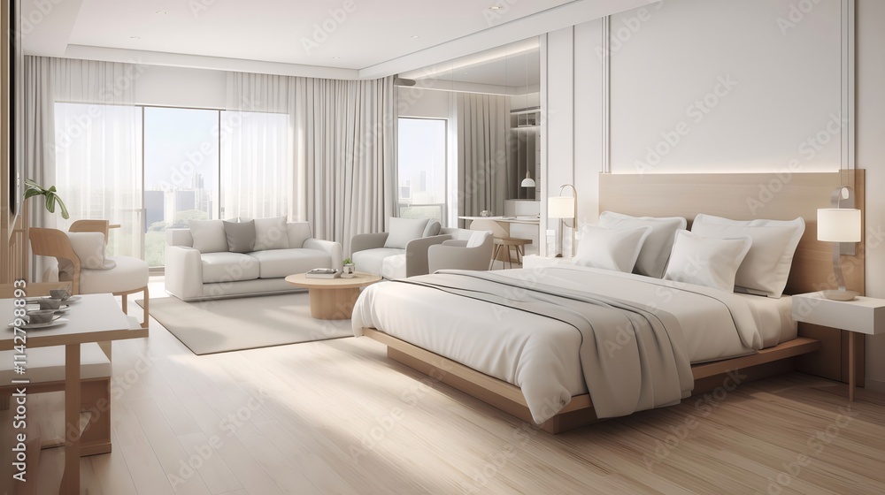 Modern minimalist bedroom suite with large bed, sofa, and city view.