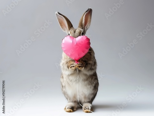 Adorable rabbit holding a pink heart balloon in front of its face against a soft gray background. Ideal for concepts of love, Valentine's Day, and celebration. photo