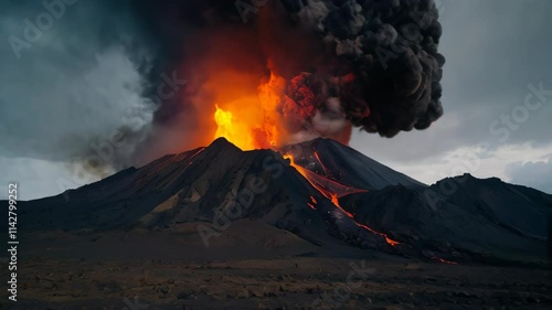 Close-up of the impressive eruption and explosion of the volcano, puffs of smoke, lava erupting from the crater