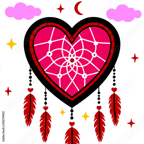 Valentine's Day colors like red, pink, and white. dreamcatcher with intricate webbing, beads, and dangling feathers in  