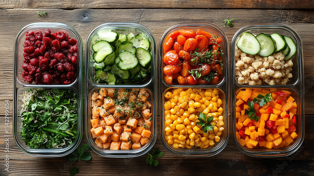 Colorful meal prep containers filled with fresh vegetables, grains, and proteins arranged on a wooden surface Colorful meal prep containers filled with fresh vegetables, grains, and proteins arranged on a wooden surface