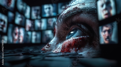 A haunting close-up of eyes surrounded by fragmented faces on screens, representing human emotions of fear and disconnection in a distorted, media-driven reality. photo