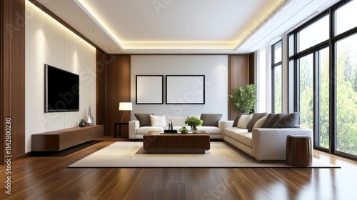 Modern minimalist living room interior design with elegant furniture and large windows showcasing nature