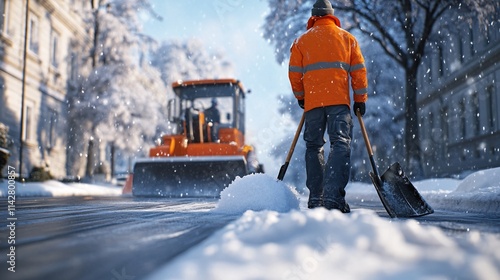 A male worker in an orange winter jacket clears snow from a city street as a snowplow approaches in the background.