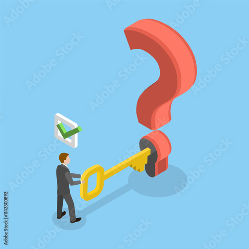 3D Isometric Flat Vector Illustration of Key Solution, Unlocking Answer for a Problem