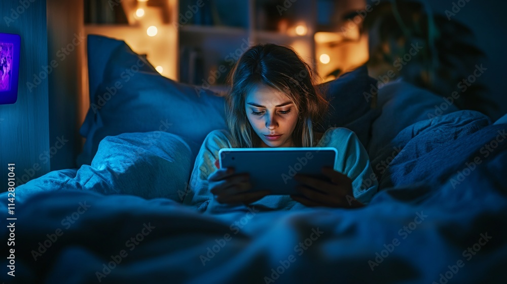 A young Caucasian woman relaxes in bed, engrossed in her tablet, surrounded by soft evening lighting.