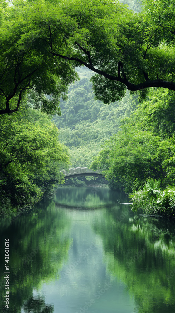 Lush green forest with serene river and bridge view Lush green forest with serene river and bridge view