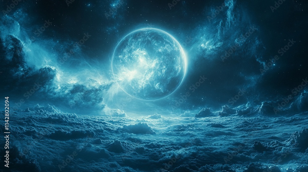 Fototapeta premium a large glowing blue planet surrounded by clouds and stars in space.