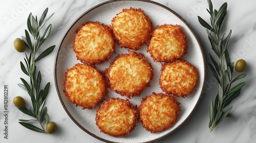 A graphic image of a plate of latkes surrounded by sprigs of olive leaves. photo