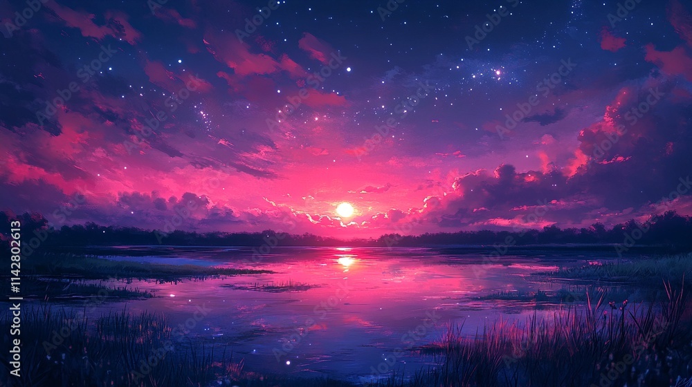 Fototapeta premium A serene and vibrant sunset over a tranquil body of water, with the sky ablaze in hues of pink and purple.