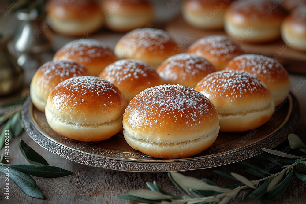 A composition of sufganiyot on a silver plate, surrounded by olive leaves. A composition of sufganiyot on a silver plate, surrounded by olive leaves.
