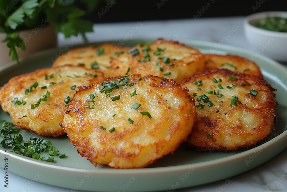A minimalist rendering of latkes on a pastel green plate, with a light texture overlay. A minimalist rendering of latkes on a pastel green plate, with a light texture overlay.