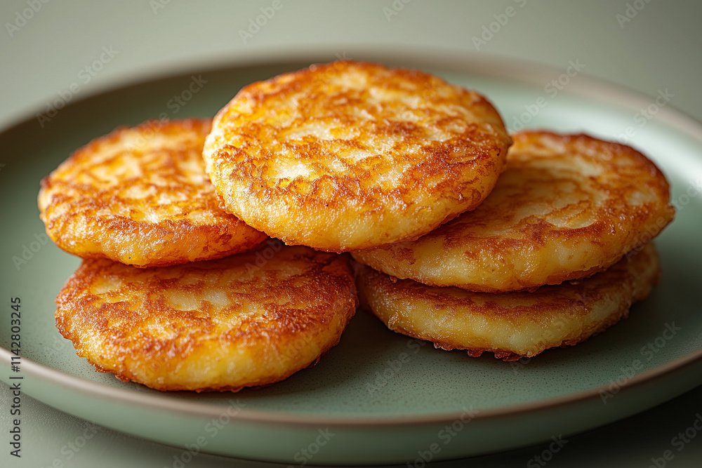 A minimalist rendering of latkes on a pastel green plate, with a light texture overlay. A minimalist rendering of latkes on a pastel green plate, with a light texture overlay.