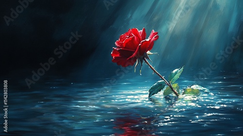 A Red Rose Blooming Out of the Deep Blue Sea. photo