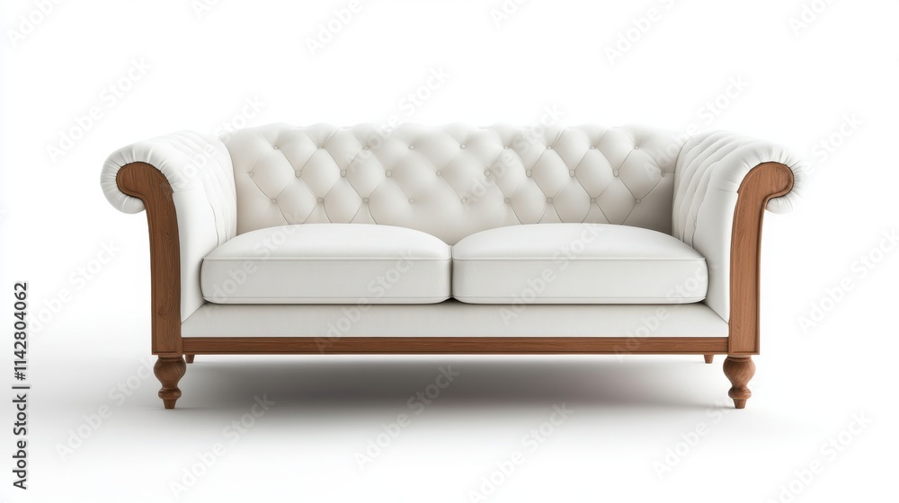 Elegant white tufted sofa with wooden frame in minimalist interior design, perfect for modern home decor Elegant white tufted sofa with wooden frame in minimalist interior design, perfect for modern home decor