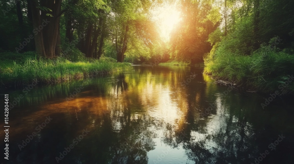 Scenic River Flowing Through Lush Green Parks at Sunset