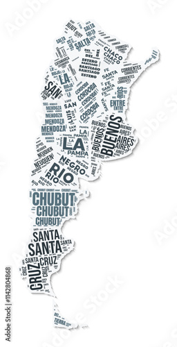 Argentina shape text cloud. Country border with shadow on white background. Argentina with regions division in vintage gazette style. Artistic vector illustration.
