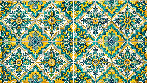 Lisbon geometric Azulejo tile vector pattern, Portuguese or Spanish retro old tiles mosaic, Mediterranean seamless turquoise and yellow design