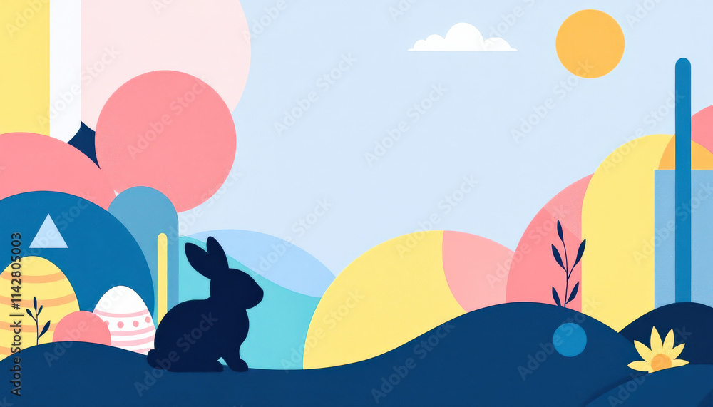 Naklejka premium An abstract Easter composition featuring geometric shapes in bold colors, complemented by a single stylized bunny silhouette, creating a modern and artistic representation of the holiday. 