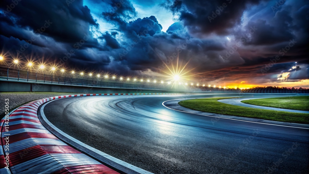 Obraz premium Night Race Track Photography: Isolated Asphalt, Dramatic Lighting, Speed, Motion Blur, Night Scene