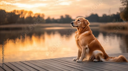 Wallpaper Mural Golden retriever sitting on wooden deck overlooking lake at sunset Torontodigital.ca