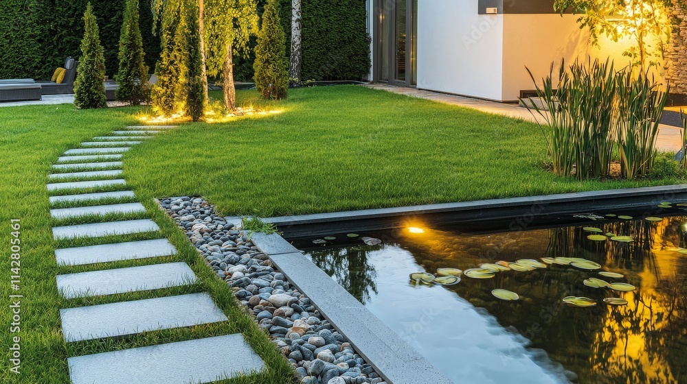Obraz premium Serene backyard with stone path, pond, and lush lawn at twilight.