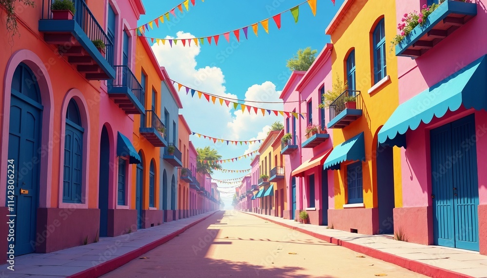 Fototapeta premium Colorful street decorated for a Brazilian carnival with flags and vibrant houses, under a clear blue sky