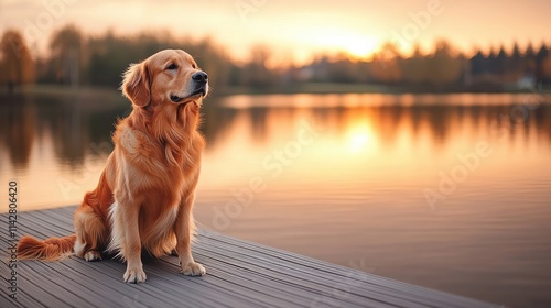 Wallpaper Mural Golden retriever sitting on wooden deck overlooking lake at sunset Torontodigital.ca