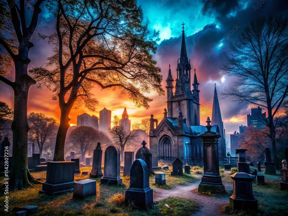 Fototapeta premium NYC Graveyard Silhouette Photography: Eerie Night Scenes, Gothic Architecture, Headstones, Shadows, Dark Cityscape, Spooky Photoshoot, Urban Exploration, Cemetery Photography, 