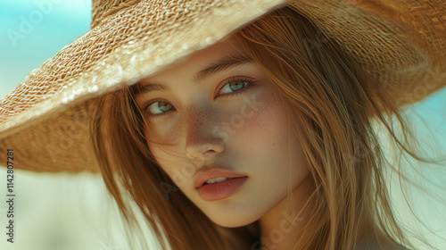 Close-up of a young woman with blue eyes, freckles, and golden hair under a wide-brimmed straw hat, ideal for beauty, summer fashion, nature-inspired branding, and editorial photography. photo