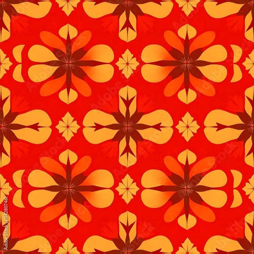 Wallpaper Mural Red and Orange Abstract Pattern: A vibrant, seamless tileable pattern featuring a captivating blend of red and orange hues in an intricate, symmetrical design. Perfect for backgrounds, textiles. Torontodigital.ca