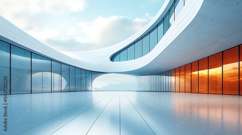 Obraz premium Dynamic futuristic interior combining abstract forms and modern warm finishes image