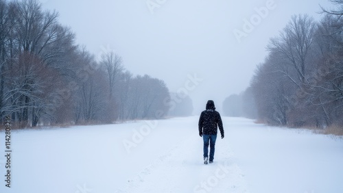 Snowflakes gently falling from the sky, covering the ground in a blanket of white while a person walks through the winter landscape