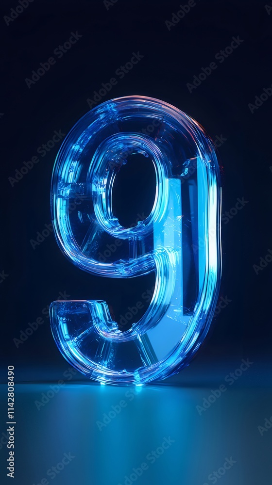 Glowing blue glass number nine on dark background. Glowing blue glass number nine on dark background.