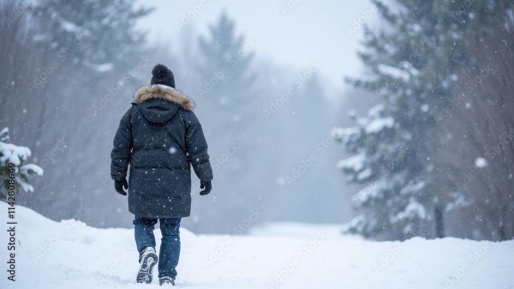 Snowflakes gently falling from the sky, covering the ground in a blanket of white while a person walks through the winter landscape Snowflakes gently falling from the sky, covering the ground in a blanket of white while a person walks through the winter landscape