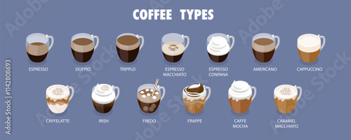 3D Isometric Flat Vector Set of Coffee Beverages, Cafe Menu