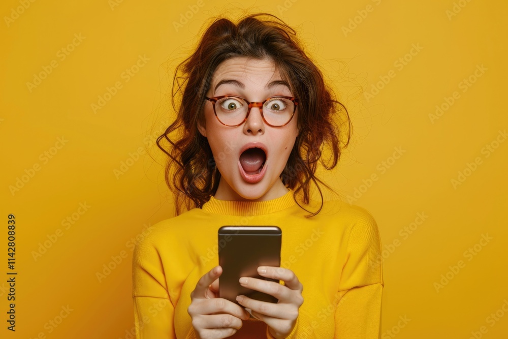 Fototapeta premium Surprise Phone. Excited Woman with Open Mouth Holding Smartphone. Emotional Girl Looking at Screen with Bright Yellow Background