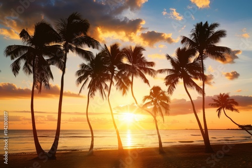 Sunset In Hawaii. Palm Trees Silhouettes on Tropical Beach in Punta Cana, Dominican Republic