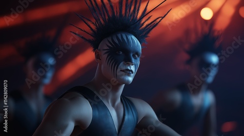 Dramatic portrait of a performer with black mohawk and face paint, two others in background. photo