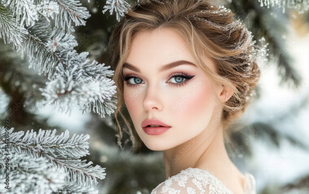 Elegant close-up of a woman with classic makeup in front of frosted pine trees Elegant close-up of a woman with classic makeup in front of frosted pine trees