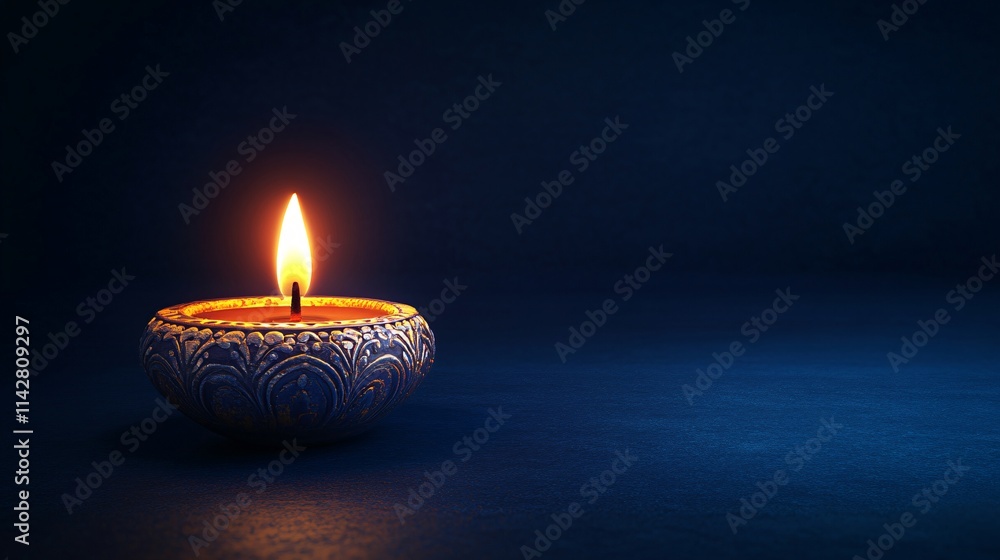Ornate candle holder with a glowing flame against a deep blue background, creating a serene and peaceful ambiance. Ornate candle holder with a glowing flame against a deep blue background, creating a serene and peaceful ambiance.