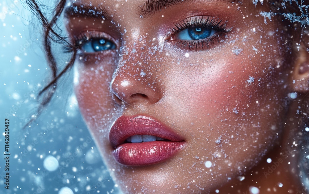 Close-up of a woman with soft romantic makeup under falling snowflakes, dreamy winter setting Close-up of a woman with soft romantic makeup under falling snowflakes, dreamy winter setting