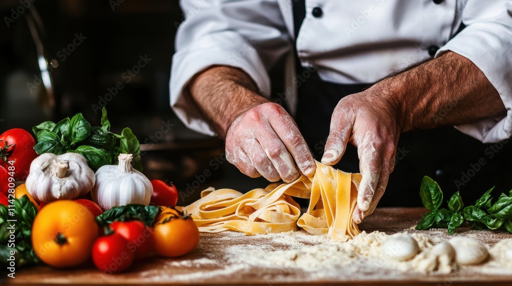 Chef creating handmade pasta with fresh ingredients kitchen culinary art indoor close-up gastronomy Chef creating handmade pasta with fresh ingredients kitchen culinary art indoor close-up gastronomy
