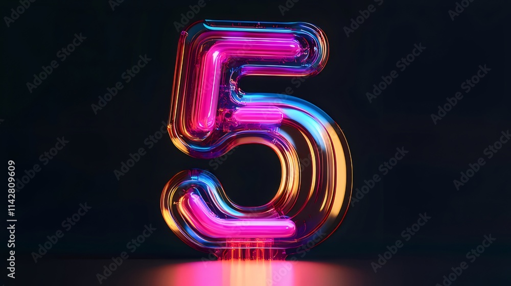 Glowing neon number five, 3D render. Glowing neon number five, 3D render.