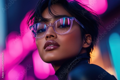 Close-up portrait of Asian woman with glasses under neon pink lights.