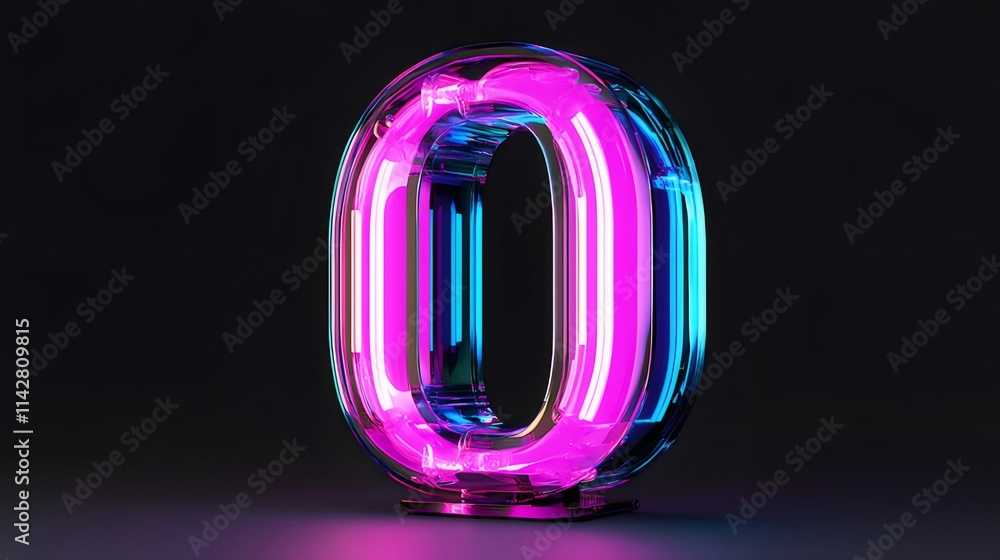 Neon pink and blue number zero, glass-like, 3D render. Neon pink and blue number zero, glass-like, 3D render.