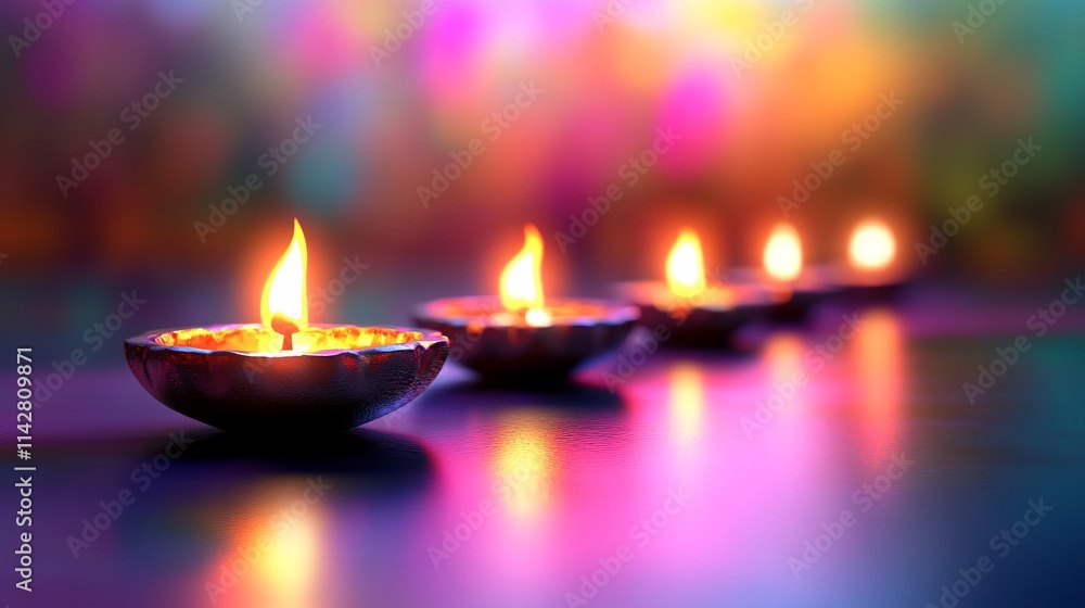 A serene row of traditional oil lamps illuminated against a colorful bokeh background. A serene row of traditional oil lamps illuminated against a colorful bokeh background.
